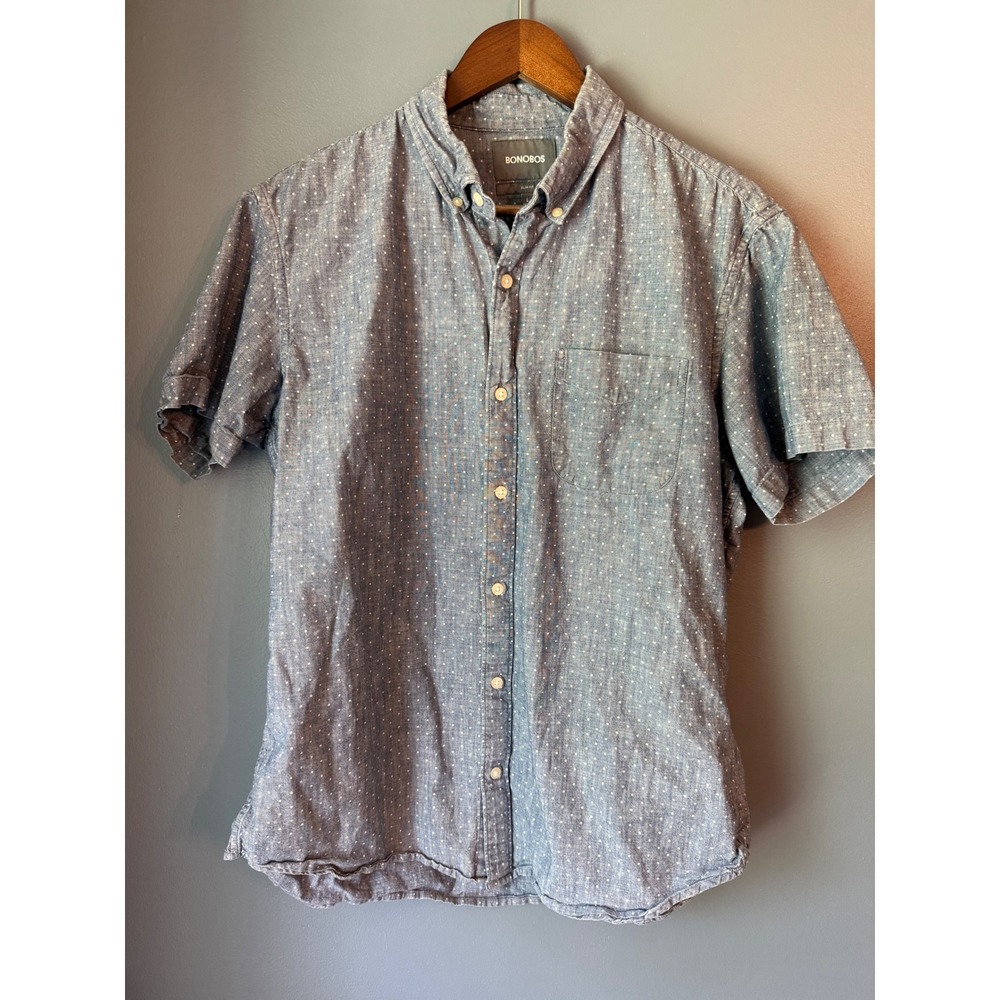 Bonobos Mens Slim Fit Short Sleeve Polka Dot Chambray Button Down Shirt Blue L